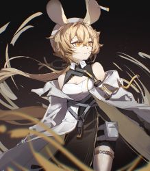 Rule 34 | 1girl, animal ears, arknights, black background, black shorts, blonde hair, breasts, cowboy shot, crossed bangs, dorothy (arknights), ear tag, hair between eyes, highres, jacket, long hair, looking afar, mouse ears, off shoulder, open clothes, open jacket, pouch, shirt, shorts, simple background, small breasts, solo, thigh pouch, thigh strap, weilebolunxierderongyao403, white headwear, white jacket, white shirt, yellow eyes
