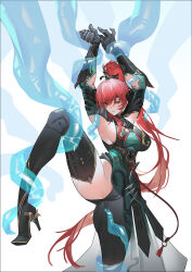 1girl absurdres asymmetrical_legwear breasts gloves high_heels high_ponytail highres knee_up nils pelvic_curtain punishing:_gray_raven red_hair sideboob single_thighhigh standing standing_on_one_leg tentacles thighhighs vera_(forever_7th_capital) white_background