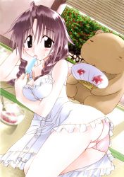 Rule 34 | 1girl, absurdres, ahoge, animal, arm support, arm up, ass, bare arms, bare legs, bare shoulders, window blinds, blush, bowl, braid, breasts, bush, cleavage, cropped legs, dress, fanning, food, fujishiro takeshi, hand fan, head rest, highres, holding, holding fan, holding food, holding panties, indoors, legs, long hair, looking at viewer, lying, medium breasts, michiru (nagasarete airantou), nagasarete airantou, official art, on floor, on side, panties, pantyshot, pink panties, popsicle, presenting, presenting removed panties, purple eyes, purple hair, scan, shaved ice, sleeveless, sleeveless dress, solo, spoon, sweat, sweatdrop, tatami, thighs, tongue, tongue out, twin braids, underwear, white dress