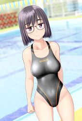 Rule 34 | 1girl, absurdres, black hair, breasts, brown eyes, clothes writing, collarbone, commentary request, competition swimsuit, cowboy shot, dutch angle, glasses, grey one-piece swimsuit, highleg, highleg swimsuit, highres, large breasts, one-piece swimsuit, original, pool, short hair, solo, standing, string of flags, swimsuit, takafumi, two-tone swimsuit, variant set