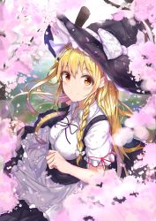 Rule 34 | 1girl, absurdres, apron, black hat, black skirt, blonde hair, blouse, bow, braid, breasts, cherry blossoms, collared shirt, commentary request, day, dress, frilled apron, frilled dress, frilled sleeves, frills, hat, hat bow, highres, in tree, kirisame marisa, long hair, looking at viewer, medium breasts, na kyo, orange eyes, outdoors, panties, purple ribbon, red ribbon, ribbon, shirt, short sleeves, side-tie panties, side braid, single braid, skirt, solo, spring (season), suspender skirt, suspenders, touhou, tree, underwear, waist apron, white apron, white bow, white shirt, witch hat