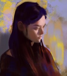 Rule 34 | 1girl, abstract, abstract background, art study, black hair, closed eyes, closed mouth, commentary, english commentary, faux traditional media, from side, lips, long hair, original, portrait, profile, purple hair, realistic, solo, yuming li