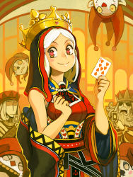 Rule 34 | 1girl, 2boys, blush stickers, card, closed mouth, commentary, creature, crown, d:, dress, english commentary, hand up, hands up, heart, heart-shaped pupils, holding, holding card, long sleeves, looking at viewer, multiple boys, niking, open mouth, original, playing card, queen of hearts (alice in wonderland), red dress, sash, smile, symbol-shaped pupils, veil, white hair, wide sleeves