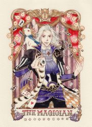 Rule 34 | 1boy, 1other, ace (playing card), ace of spades, animal, armor, bird, card, closed mouth, curtains, dice, english text, final fantasy, final fantasy vi, highres, holding, holding card, jacket, jime (sipopo2027), light bulb, long hair, long sleeves, male focus, owl, painting (medium), pants, pauldrons, playing card, purple eyes, scar, scar across eye, scar on face, setzer gabbiani, shoulder armor, smile, solo, spade (shape), striped, tailcoat, tarot, tarot (medium), the magician (tarot), traditional media, watercolor (medium), white hair