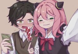 Rule 34 | 1boy, 1girl, anya&#039;s heh face (meme), anya (spy x family), black hair, bow, bowtie, brown overalls, cellphone, child, damian desmond, food, green eyes, hairpods, highres, holding, holding food, holding phone, long sleeves, meme, open mouth, overalls, phone, pink hair, red bow, red bowtie, shirt, smartphone, smile, spy x family, sweater vest, white shirt, yellow eyes, yuimeooow