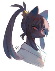 Rule 34 | 1girl, animal ears, brown hair, closed mouth, dark-skinned female, dark skin, fox ears, furry, furry female, high ponytail, japanese clothes, kimono, looking at viewer, original, ponytail, portrait, red eyes, signature, simple background, solo, sui (suizilla), white background
