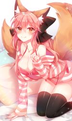 Rule 34 | 10s, 1girl, absurdres, all fours, animal ears, bad id, bad pixiv id, black ribbon, black thighhighs, blush, bra, breasts, cleavage, closed mouth, collarbone, fate/extra, fate (series), fox ears, fox tail, hair ribbon, highres, jewelry, large breasts, looking at viewer, multiple tails, necklace, official alternate costume, open clothes, open shirt, paw pose, pink bra, pink hair, ribbon, rit, shirt, smile, solo, striped clothes, striped shirt, tail, tamamo (fate), tamamo no mae (fate/extra), tamamo no mae (spring casual) (fate), thighhighs, underwear, yellow eyes