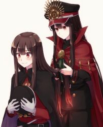 Rule 34 | 1boy, 1girl, androgynous, belt, black belt, black cape, black hair, black hat, black jacket, black pants, blush, brother and sister, brown hair, buttons, cape, center-flap bangs, chain, double-breasted, fate/grand order, fate (series), fiery hair, gloves, gold chain, hair between eyes, hair down, hands in hair, hands up, hat, high collar, highres, holding another&#039;s hair, jacket, jitome, long hair, looking at another, medallion, military hat, military uniform, oda nobukatsu (fate), oda nobunaga (fate), oda nobunaga (koha-ace), pants, peaked cap, pursed lips, raised eyebrows, red cape, red eyes, red jacket, shaded face, siblings, sidelocks, simple background, smile, wavy mouth, white gloves, yellow background, yzrh0