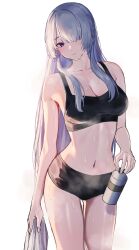 Rule 34 | 1girl, 3 small spiders, absurdres, ak-15 (girls&#039; frontline), black bra, black shorts, bottle, bra, breasts, cleavage, closed mouth, collarbone, commentary request, girls&#039; frontline, grey eyes, hair over one eye, highres, holding, holding bottle, holding towel, large breasts, linea alba, long hair, navel, short shorts, shorts, sidelocks, simple background, solo, sweat, thigh gap, towel, underwear, very long hair, water bottle, white background, white hair