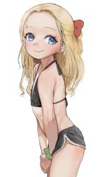 1girl, absurdres, bikini, bikini top, black bikini, black shorts, blonde hair, blue eyes, blush, bow, closed mouth, commentary request, copyright request, dorontabi, ear piercing, eyebrow piercing, flat chest, forehead, from side, hair bow, halter top, halterneck, highres, long hair, looking at viewer, looking to the side, piercing, red bow, scrunchie, short shorts, shorts, simple background, smile, solo, standing, swimsuit, white background, wrist scrunchie