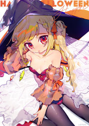 Rule 34 | alternate costume, artist name, bare shoulders, black hat, black pantyhose, blonde hair, blush, braid, breasts, commentary, crying, crying with eyes open, crystal, detached sleeves, english text, flandre scarlet, hair ribbon, halloween, hand up, happy halloween, hat, highres, hinasumire, leotard, long hair, looking at viewer, nail polish, open mouth, orange ribbon, orange sleeves, pantyhose, puffy sleeves, red eyes, red leotard, red nails, ribbon, side ponytail, small breasts, tears, touhou, white background, wings, witch hat