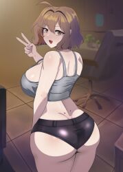 Rule 34 | 1girl, :d, ahoge, anis (nikke), ass, black shorts, breasts, brown hair, chair, cowboy shot, crop top, from behind, goddess of victory: nikke, grey shirt, gudakoguda, hair intakes, indoors, large breasts, looking at viewer, looking back, micro shorts, office chair, open mouth, shirt, short hair, shorts, smile, solo, swivel chair, v, yellow eyes