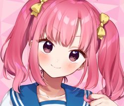 Rule 34 | &gt;:), 1girl, achikita chinami, blue sailor collar, blush, bow, brown eyes, closed mouth, collarbone, hair bow, hand up, head tilt, holding, holding own hair, nijisanji, pink hair, portrait, sailor collar, smile, solo, twintails, v-shaped eyebrows, virtual youtuber, yamabukiiro, yellow bow