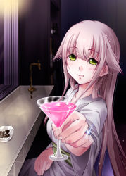 Rule 34 | 10s, 1girl, cocktail glass, cup, drinking glass, giving, glass, green eyes, hair down, highres, japanese clothes, jewelry, kantai collection, long hair, offering drink, pink hair, religious offering, ribbon, ring, sitting, smile, solo, tsukineko, wedding band, yura (kancolle)
