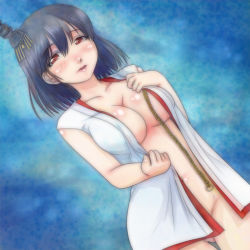 Rule 34 | 1girl, black hair, blush, bottomless, breasts, dutch angle, gluteal fold, hair ornament, kantai collection, large breasts, looking at viewer, open clothes, open shirt, red eyes, shirt, short hair, solo, t jiroo (ringofriend), undressing, yamashiro (kancolle)