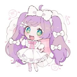 Rule 34 | 1girl, :d, ahoge, blush, bow, chibi, dress, frilled dress, frills, full body, green eyes, hair bow, hand on own hip, hand up, heart, long hair, looking at viewer, manaka laala, mofu (ymmofu), open mouth, pretty series, pripara, purple hair, smile, solo, standing, twintails, v, very long hair, white background, white bow, white dress