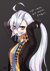 Rule 34 | ahoge, arms up, black gloves, black jacket, blue necktie, blush, child (isoliya), collared shirt, expressionless, eyes visible through hair, girls&#039; frontline, gloves, grey background, hair between eyes, highres, holding, holding own hair, jacket, long hair, long sleeves, looking at viewer, mouth hold, necktie, official alternate costume, pkp (girls&#039; frontline), pkp (l.a.d.y) (girls&#039; frontline), ribbon, ribbon in mouth, shirt, short eyebrows, signature, silver hair, solo, tying hair, very long hair