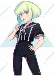 Rule 34 | 1boy, black gloves, blonde hair, blush, earrings, food, gloves, green hair, highres, jewelry, karokuchitose, lio fotia, looking at viewer, male focus, open mouth, popsicle, promare, purple eyes, sailor collar, sailor shirt, shirt, solo