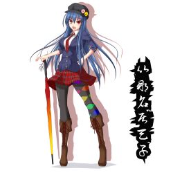 Rule 34 | 1girl, alternate costume, argyle, argyle clothes, argyle legwear, asymmetrical legwear, black pantyhose, blue hair, closed umbrella, contemporary, contrapposto, female focus, gmot, highres, hinanawi tenshi, looking at viewer, mismatched legwear, necktie, pantyhose, rainbow, red eyes, red necktie, red skirt, short sleeves, simple background, skirt, solo, standing, sword of hisou, touhou, umbrella, white background