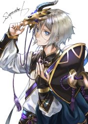 Rule 34 | 1boy, :|, absurdres, akiwashi, bishounen, blue eyes, blue gemstone, chinese clothes, closed mouth, commentary request, expressionless, fate/grand order, fate (series), gem, gloves, gold trim, grey hair, hair between eyes, hand on own chest, highres, holding, holding mask, horned mask, long sleeves, looking away, male focus, mask, unworn mask, prince of lan ling (fate), shirt, short hair, signature, simple background, solo, upper body, white background