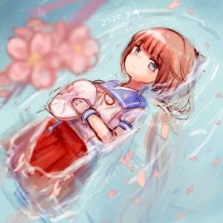 Rule 34 | 1girl, blue eyes, blunt bangs, blush, cherry blossoms, dated, flower, gloves, hair flaps, hat, highres, holding, holding clothes, holding hat, kantai collection, light brown hair, long hair, low twintails, lying, mikura (kancolle), on back, partially submerged, petals, red skirt, sailor collar, school uniform, serafuku, short sleeves, skirt, smile, solo, twintails, twitter username, unworn hat, unworn headwear, water, white gloves, white hat, wss (nicoseiga19993411)