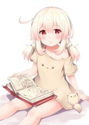 Rule 34 | 1girl, ahoge, alternate costume, bed sheet, beige dress, book, book on lap, casual, child, commentary request, contemporary, dodoco (genshin impact), genshin impact, hair between eyes, highres, holding, holding paper, klee (genshin impact), light brown hair, long hair, looking at viewer, low twintails, orange eyes, paper, parted lips, pointy ears, sidelocks, simple background, sitting, solo, tutsucha illust, twintails, white background