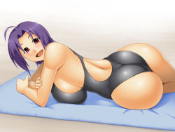 Rule 34 | 1girl, ahoge, ass, bare shoulders, beach, breasts, competition swimsuit, derivative work, huge breasts, idolmaster, idolmaster (classic), kawanuma uotsuri, looking at viewer, lying, miura azusa, nail polish, on side, one-piece swimsuit, purple hair, red eyes, sideboob, smile, solo, swimsuit, thighs, twisted torso