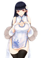 Rule 34 | 1girl, absurdres, azur lane, black hair, black thighhighs, breasts, china dress, chinese clothes, cleavage, cleavage cutout, clothing cutout, cowboy shot, detached sleeves, dress, fingerless gloves, flower, frilled sleeves, frills, gloves, hair flower, hair ornament, hands on own chest, highres, large breasts, long hair, looking at viewer, realman, red eyes, short dress, side slit, simple background, smile, solo, straight hair, thighhighs, thighs, white background, white dress, white gloves, wide sleeves, yat sen (azur lane)
