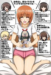 Rule 34 | 5girls, akiyama yukari, barefoot, bed, bobunemimimmi, cellphone, closed eyes, commentary, darjeeling (girls und panzer), flying sweatdrops, girls und panzer, highres, holding, holding phone, inset, jitome, mother and daughter, motion lines, multiple girls, nishizumi maho, nishizumi miho, nishizumi shiho, omachi (slabco), on bed, open mouth, phone, pink shorts, poptepipic, print shirt, shirt, short hair, short shorts, short sleeves, shorts, siblings, sisters, sitting, smartphone, smile, sweatdrop, t-shirt, translation request, wariza