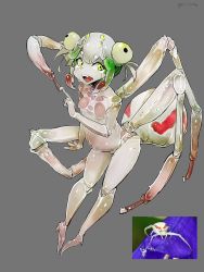 Rule 34 | 1girl, belly, breasts, doll joints, extra arms, extra eyes, female focus, full body, grey background, arthropod girl, joints, monster girl, my700, navel, nipples, nude, open mouth, original, personification, reference photo, small breasts, solo, spider girl, yellow eyes