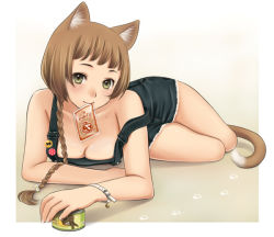 Rule 34 | 1girl, animal ears, bare shoulders, bell, biting, blush, bracelet, braid, breasts, brown hair, can, cat ears, cat tail, jewelry, luna2, lying, medium breasts, mole, mole on breast, original, overalls, ponytail, short hair, solo, tail, thighs, yellow eyes