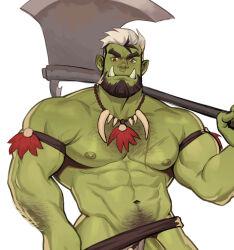 Rule 34 | abs, absurdres, arm hair, axe, bara, battle axe, beard, chest hair, colored skin, cowboy shot, full beard, green skin, groin, hairy, halloween, halloween costume, helbai, highres, huge eyebrows, jewelry, large pectorals, loincloth aside, looking at viewer, male focus, male pubic hair, mature male, monster boy, monsterification, multicolored hair, muscular, muscular male, navel, navel hair, necklace, nipples, nose piercing, nose ring, orc, original, over shoulder, pectorals, penis, penis peek, piercing, pointy ears, pubic hair, short hair, stomach, thick beard, tooth necklace, topless male, tribal, tusks, two-tone hair, undressing, v-shaped eyebrows, v-taper, veins, veiny arms, weapon, weapon over shoulder