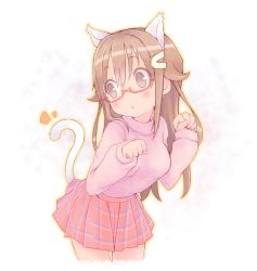 Rule 34 | 1girl, alternate costume, animal ears, blush, brown eyes, brown hair, cat ears, cat tail, clenched hands, commentary request, cowboy shot, hair flaps, hair ornament, hairclip, hololive, kemonomimi mode, kuro (kuroneko no kanzume), leaning forward, long hair, long sleeves, miniskirt, notice lines, outline, paw pose, pink shirt, pink skirt, plaid, plaid skirt, pleated skirt, shirt, skirt, solo, sweater, tail, tokino sora, tokino sora (old design), virtual youtuber, yellow outline