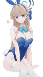 Rule 34 | 1girl, animal ears, arm support, bare shoulders, between legs, blonde hair, blue archive, blue bow, blue bowtie, blue eyes, blue hair, blue halo, blue leotard, blunt bangs, bow, bowtie, braid, breasts, cleavage, closed mouth, commentary, covered navel, detached collar, earpiece, earrings, expressionless, fake animal ears, fake tail, feet out of frame, french braid, hair bow, hair intakes, halo, hand between legs, highleg, highleg leotard, highres, invisible chair, jewelry, kashiko (kshiko1), large breasts, leotard, looking at viewer, multicolored hair, official alternate costume, official alternate hairstyle, rabbit ears, rabbit tail, simple background, sitting, solo, strapless, strapless leotard, streaked hair, stud earrings, tail, thighhighs, toki (blue archive), toki (bunny) (blue archive), white background, white thighhighs, white wrist cuffs, wrist cuffs