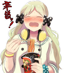 Rule 34 | 1girl, bad id, bad pixiv id, bangle, black bow, blue scrunchie, blush, bow, bracelet, chopsticks, cup ramen, closed eyes, facing viewer, food, green hair, hair bow, handa roco, headphones, headphones around neck, highres, holding, holding chopsticks, idolmaster, idolmaster million live!, jewelry, long hair, long sleeves, noodles, nose blush, open mouth, owafu, polka dot, polka dot bow, polka dot scrunchie, sailor collar, scrunchie, shirt, simple background, sleeves pushed up, solo, spicy, sweat, translation request, very long hair, white background, white sailor collar, white shirt, wrist scrunchie