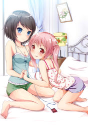 Rule 34 | 2girls, :p, absurdres, bare legs, bare shoulders, barefoot, bed, bedroom, black hair, blue eyes, blush, breasts, camisole, cleavage, digital media player, earbuds, earphones, highres, holding hands, ipod, kneeling, leaning forward, long hair, looking at viewer, multiple girls, ok-ray, on bed, original, pink eyes, pink hair, polka dot, scan, shared earphones, short hair, shorts, sitting, small breasts, smile, tongue, tongue out, twintails, wariza, yuri