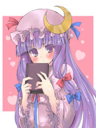 Rule 34 | 1girl, bad id, bad pixiv id, blush, book, bow, crescent, female focus, frown, hair bow, hat, long hair, multiple hair bows, paopao, patchouli knowledge, purple hair, ribbon, solo, touhou, tsutsumi