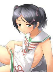 Rule 34 | 1girl, anchor ornament, black hair, dated, dress, green eyes, hair ornament, hairclip, kantai collection, low-cut armhole, neckerchief, one-hour drawing challenge, open mouth, ray.s, sailor collar, sailor dress, scirocco (kancolle), short hair, simple background, skirt hold, sleeveless, sleeveless dress, solo, striped neckerchief, twitter username, two side up, white background, white dress, white sailor collar
