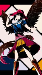 Rule 34 | 1girl, bandana, black hair, black wings, blue shirt, boots, breasts, bright pupils, brown footwear, feet out of frame, flat color, from below, grin, hair between eyes, hand on headwear, highres, horse tail, kurokoma saki, legs apart, looking at viewer, millzyuron, parted lips, pegasus wings, pink headwear, plaid, plaid shirt, pleated skirt, purple skirt, red eyes, shirt, short hair, short sleeves, simple background, skirt, small breasts, smile, solo, standing, tail, touhou, white pupils, wings, yellow skirt