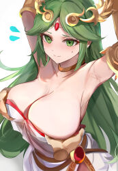 Rule 34 | 1girl, 1other, ancient greek clothes, armpits, arms up, blush, breasts, chiton, cleavage, grabbing, grabbing another&#039;s breast, green eyes, green hair, highres, kid icarus, kid icarus uprising, large breasts, nintendo, palutena, simple background, sweatdrop, tagme, tomas (kaosu22), white background