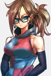 Rule 34 | 1girl, alternate hairstyle, android 21, arms at sides, bare shoulders, blue dress, blue eyes, breasts, brown hair, checkered clothes, checkered dress, dragon ball, dragon ball fighterz, dress, earrings, expressionless, glasses, grey background, hood, hood down, hooded dress, hoop earrings, jewelry, kemachiku, long hair, looking away, ponytail, red dress, simple background, solo, two-tone dress, upper body