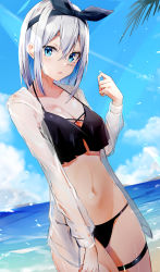 Rule 34 | 1girl, absurdres, arm at side, bikini, black bikini, black bow, black hairband, blue eyes, blue hair, blue sky, blush, bow, breasts, cleavage, collarbone, colored inner hair, commentary request, cowboy shot, day, diamond-shaped pupils, diamond (shape), dutch angle, hair between eyes, hair bow, hairband, hand up, highres, long sleeves, looking at viewer, medium breasts, multicolored hair, nanashinayuzu mochi, navel, open clothes, open mouth, open shirt, original, palm leaf, parted lips, see-through, see-through sleeves, silver hair, sky, solo, standing, stomach, swimsuit, symbol-shaped pupils, thigh strap, water