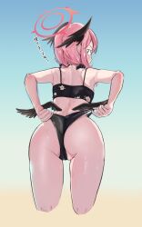Rule 34 | &lt;|&gt; &lt;|&gt;, 1girl, absurdres, ass, back, bare arms, bare shoulders, bikini, bikini bottom pull, black bikini, black bow, black wings, blue archive, blush, bow, feathered wings, floral print, hair bow, halo, head wings, highres, koharu (blue archive), koharu (swimsuit) (blue archive), leaning forward, looking at viewer, looking back, low twintails, low wings, official alternate costume, partially visible vulva, pink halo, print bikini, ringofuze, simple background, solo, spaghetti strap, standing, swimsuit, twintails, water drop, wedgie, wet, wings