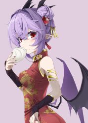 Rule 34 | 1girl, akisome hatsuka, alternate costume, armpits, bat wings, china dress, chinese clothes, dress, dumpling, earrings, food, gloves, gold trim, high collar, jewelry, pointy ears, purple hair, red dress, red eyes, red nails, remilia scarlet, short hair, sleeveless, slit pupils, touhou, wings