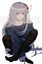 Rule 34 | 1girl, black ribbon, black thighhighs, blue eyes, collarbone, commentary, feet, full body, girls&#039; frontline, grey sweater, grin, hair ribbon, heterochromia, highres, holding own foot, long hair, long sleeves, looking at viewer, md5 mismatch, mdr (girls&#039; frontline), multicolored hair, nail polish, no shoes, pink eyes, pink hair, pink nails, rabb horn, ribbon, side ponytail, silver hair, smile, streaked hair, sweater, teeth, thighhighs, toenails, toes, v