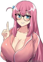 Rule 34 | 1girl, aqua eyes, bespectacled, bocchi the rock!, breasts, buck teeth, cleavage, collarbone, commentary, cube hair ornament, english commentary, freckles, glasses, gotoh hitori, hair between eyes, hair ornament, highres, hinghoi, index finger raised, large breasts, long hair, long sleeves, looking at viewer, nerd emoji, one side up, pajamas, patreon logo, patreon username, pink hair, pink pajamas, sidelocks, simple background, smile, solo, teeth, white background