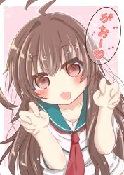Rule 34 | 1girl, :d, absurdres, ahoge, brown eyes, brown hair, claw pose, collarbone, commentary request, fang, fingernails, green sailor collar, hair between eyes, hands up, head tilt, heart, highres, kantai collection, kuma (kancolle), long hair, neckerchief, open mouth, red neckerchief, ridy (ri sui), sailor collar, shirt, short shorts, short sleeves, shorts, smile, solo, translation request, very long hair, white shirt, white shorts