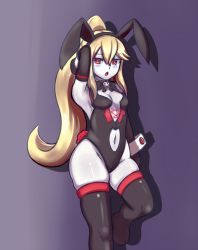 Rule 34 | 1girl, alternate costume, animal ears, armpits, black gloves, black thighhighs, blonde hair, blush, bow, bowtie, breasts, chestnut mouth, clothing cutout, colored skin, commentary, curvy, elbow gloves, embarrassed, fake animal ears, female focus, gloves, gradient background, hairband, highres, hip focus, long hair, looking at viewer, medium breasts, monster girl encyclopedia, nav (itsnav), navel, navel cutout, open mouth, pale skin, ponytail, purple background, rabbit ears, red eyes, skindentation, small breasts, solo, stomach, thick thighs, thighhighs, thighs, tongue, very long hair, white skin, wide hips, wight (monster girl encyclopedia), wrist cuffs