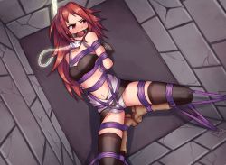 Rule 34 | 1girl, arms behind back, bad id, bad pixiv id, ball gag, bdsm, blush, bondage, bondage mittens, boots, bound, breasts, brick wall, chain, chained, chain, collar, collarbone, crotch rope, frogtie, gag, gagged, helpless, highres, kagyakusetsu, leash, long hair, looking to the side, lying, magic, metal collar, mittens, navel, on back, on floor, prisoner, red eyes, red hair, shibari, shorts, solo, spread legs, thighhighs, v-shaped eyebrows