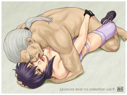 Rule 34 | 1boy, 1girl, artist name, ass, ass grab, azasuke, batou (gits), boots, breasts, cleavage, clothed female nude male, clothed sex, cyborg, fingerless gloves, ghost in the shell, gloves, grey hair, groping, hand on head, hetero, highres, hug, kiss, kusanagi motoko, lying, missionary, nude, ocular implant, on back, ponytail, purple hair, red eyes, sex, short hair, text focus, thighhighs, tongue, vaginal